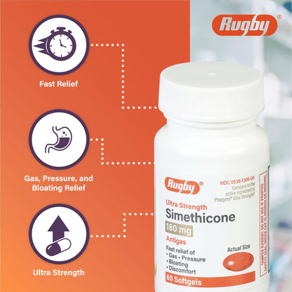 Rugby Ultra Strength Simethicone Gas Relief 180 mg - 60 Softgels (8 Pack) | Rugby Laboratories