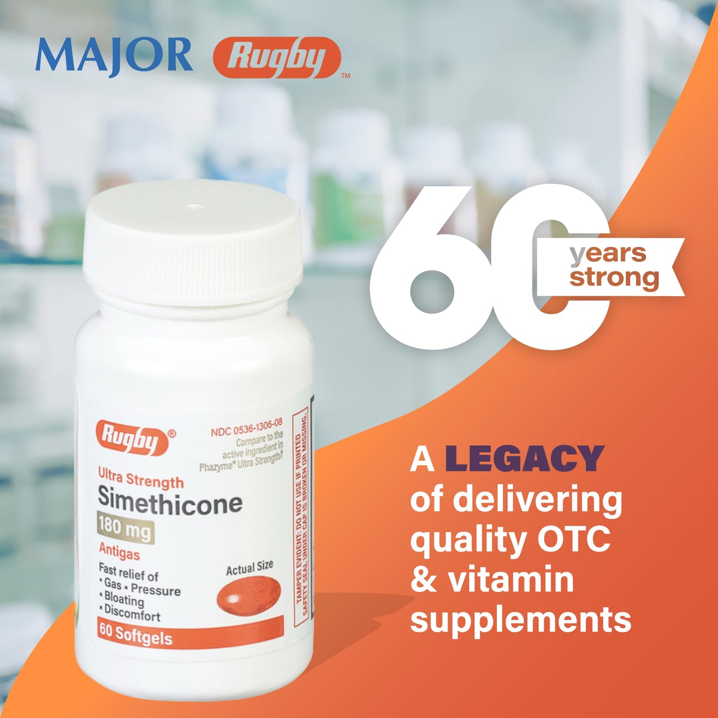 Rugby Ultra Strength Simethicone Gas Relief 180 mg - 60 Softgels (24 Pack) | Rugby Laboratories
