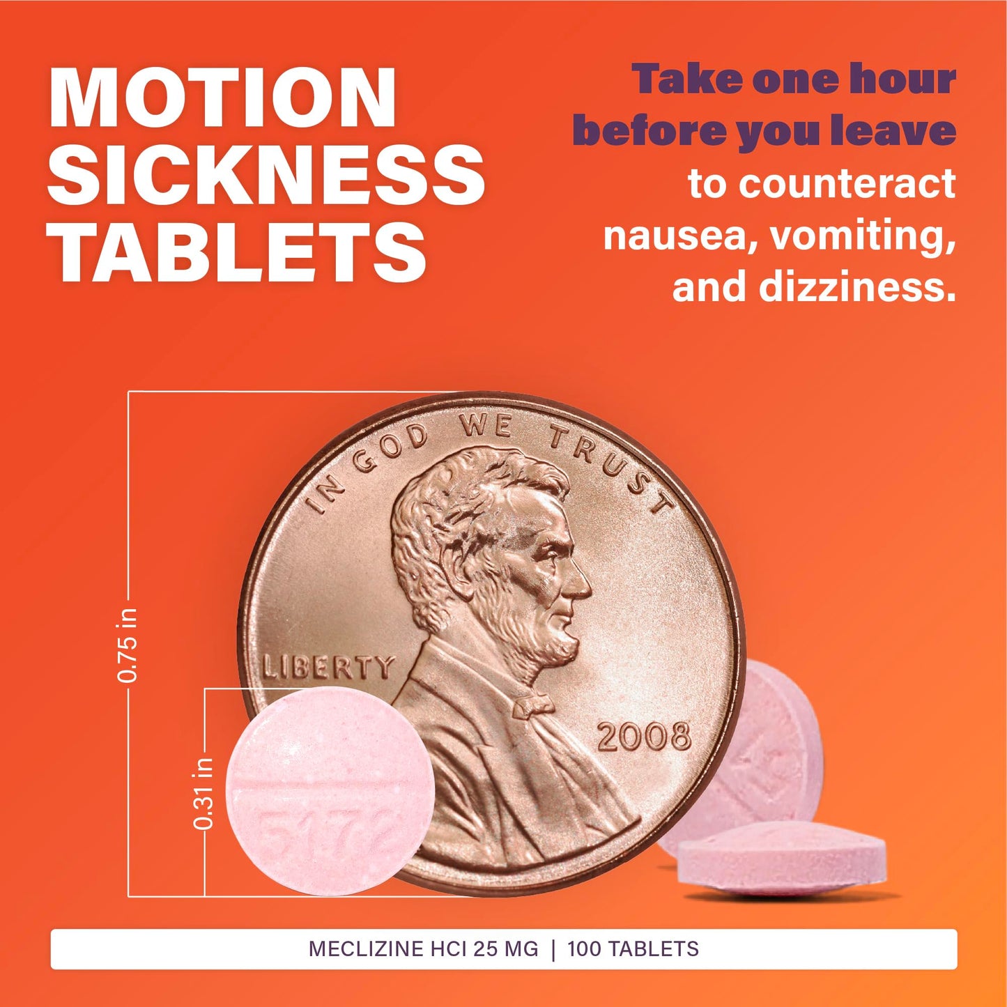Rugby Laboratories Meclizine Chewable Tablets 25mg – Motion Sickness Relief (100 Count)