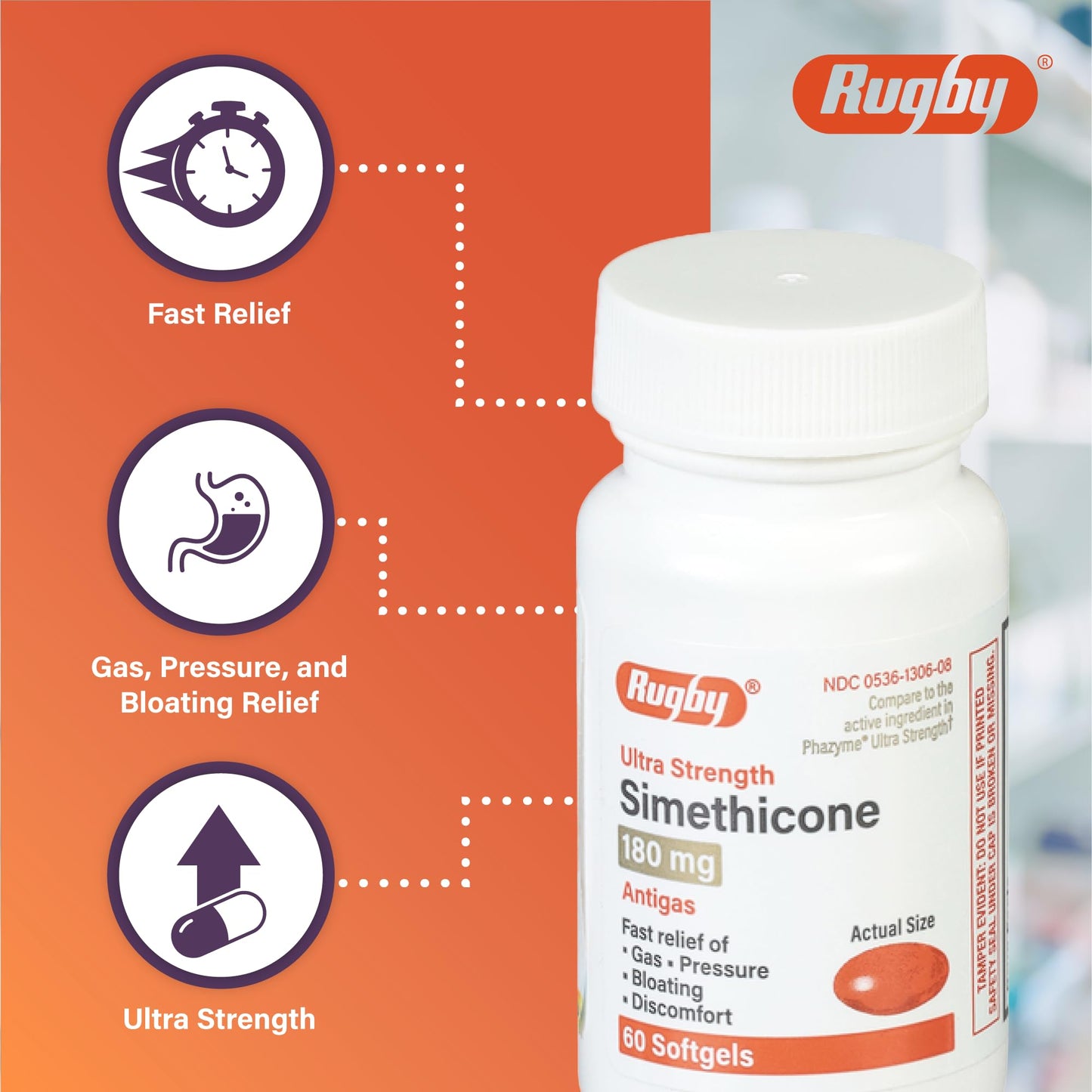 Rugby Ultra Strength Simethicone Gas Relief 180 mg — Maximum Gas Relief for Adults | 60 Softgels