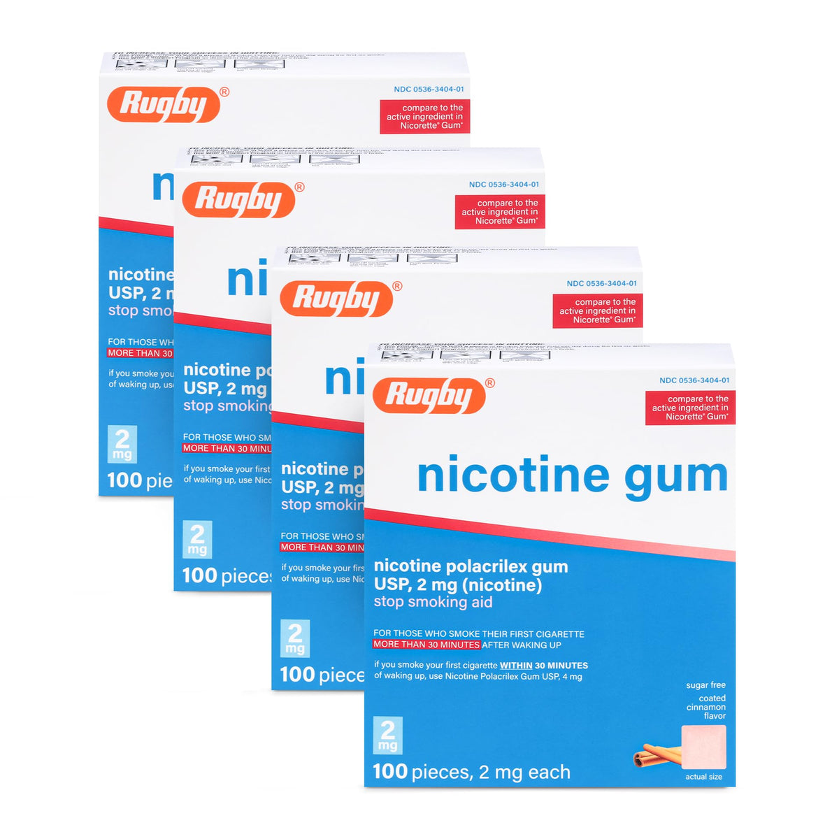Rugby Polacrilex 2mg Nicotine Gum – Cinnamon Flavor, Sugar-Free (100 Count, 4 Pack)