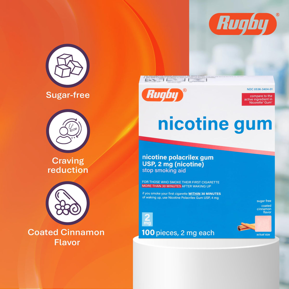 Rugby Polacrilex 2mg Nicotine Gum – Cinnamon Flavor, Sugar-Free (100 Count, 4 Pack)
