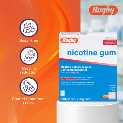 Rugby Polacrilex 2mg Nicotine Gum – Cinnamon Flavor, Sugar-Free (100 Count, 4 Pack)