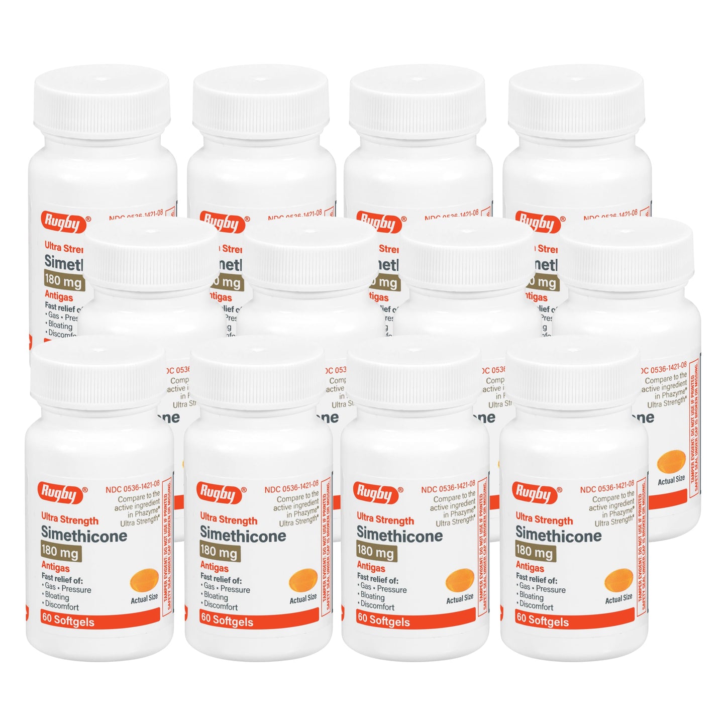 Rugby Ultra Strength Simethicone Gas Relief 180 mg — 60 Softgels (12 Pack)