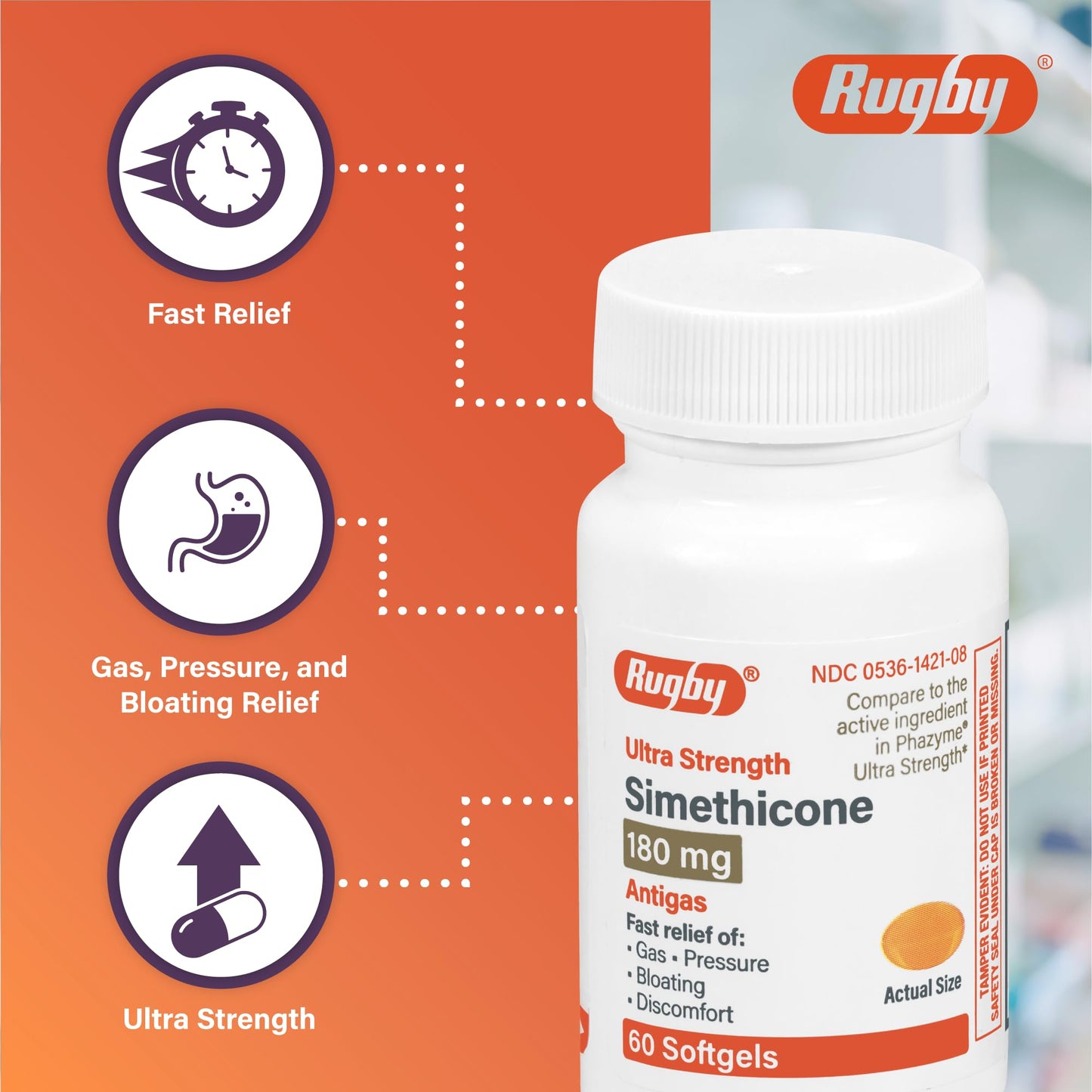 Rugby Ultra Strength Simethicone Gas Relief 180 mg - 60 Softgels (2 Pack) for Adults | Rugby Laboratories