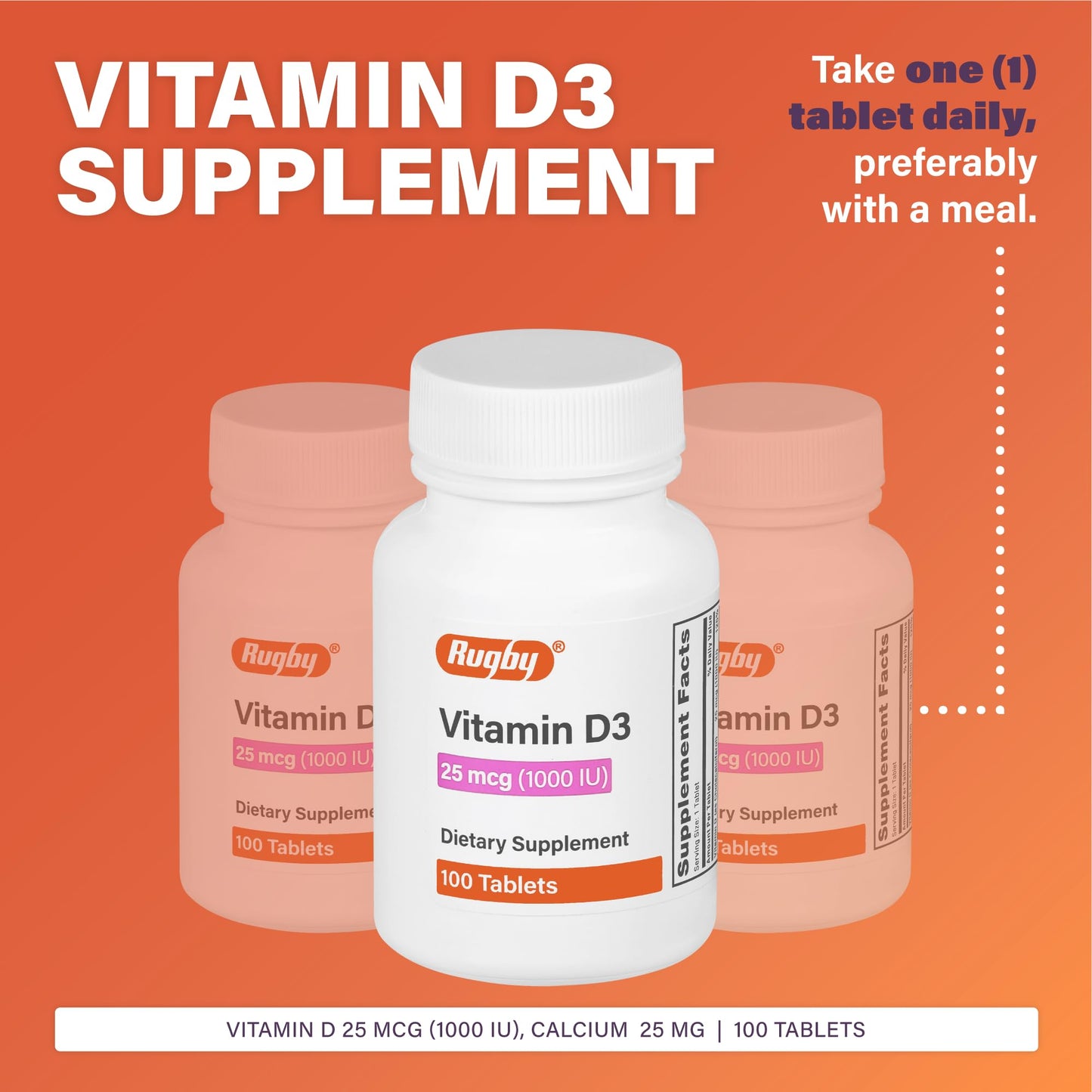 Rugby Vitamin D3 1000 IU (25 mcg) – 100 Tablets | Dietary Supplement