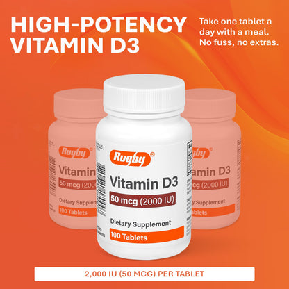 Rugby Vitamin D3 2000 IU (50 mcg) – Gluten-Free Daily Vitamin D3 for Immune, Bone & Teeth Health | 100 Tablets