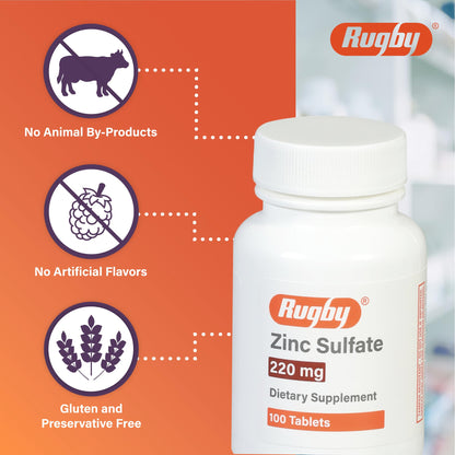 Rugby Zinc Sulfate 220 mg Tablets - Zinc Sulfate Heptahydrate - Dietary Supplement - 100 Count (3 Pack)