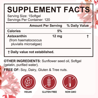 Rulviou Premium Astaxanthin 12mg | 120 Softgels | Eye, Skin & Joint Health | Non-GMO