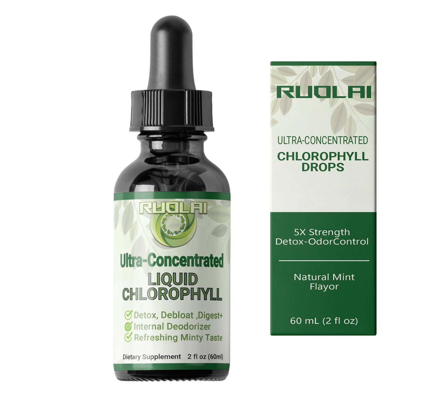 Ruolai Chlorophyll Liquid Drops – 5X Strength Detox & Deodorant | Mint Flavor, Vegan, Non-GMO, 2 Fl Oz