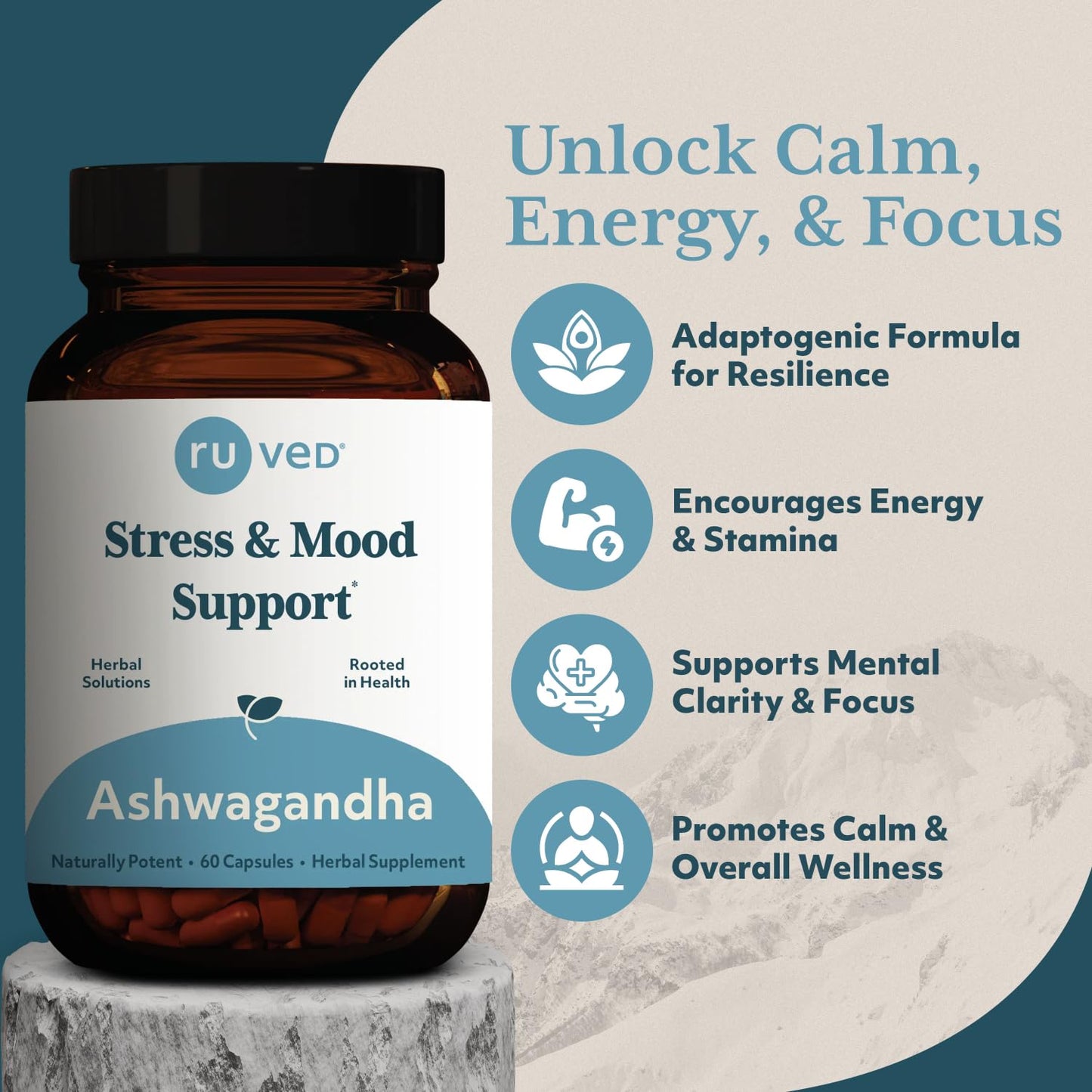 ruved Ashwagandha Capsules - Organic 500mg, 60 Veg Caplets | Adrenal Health & Wellness