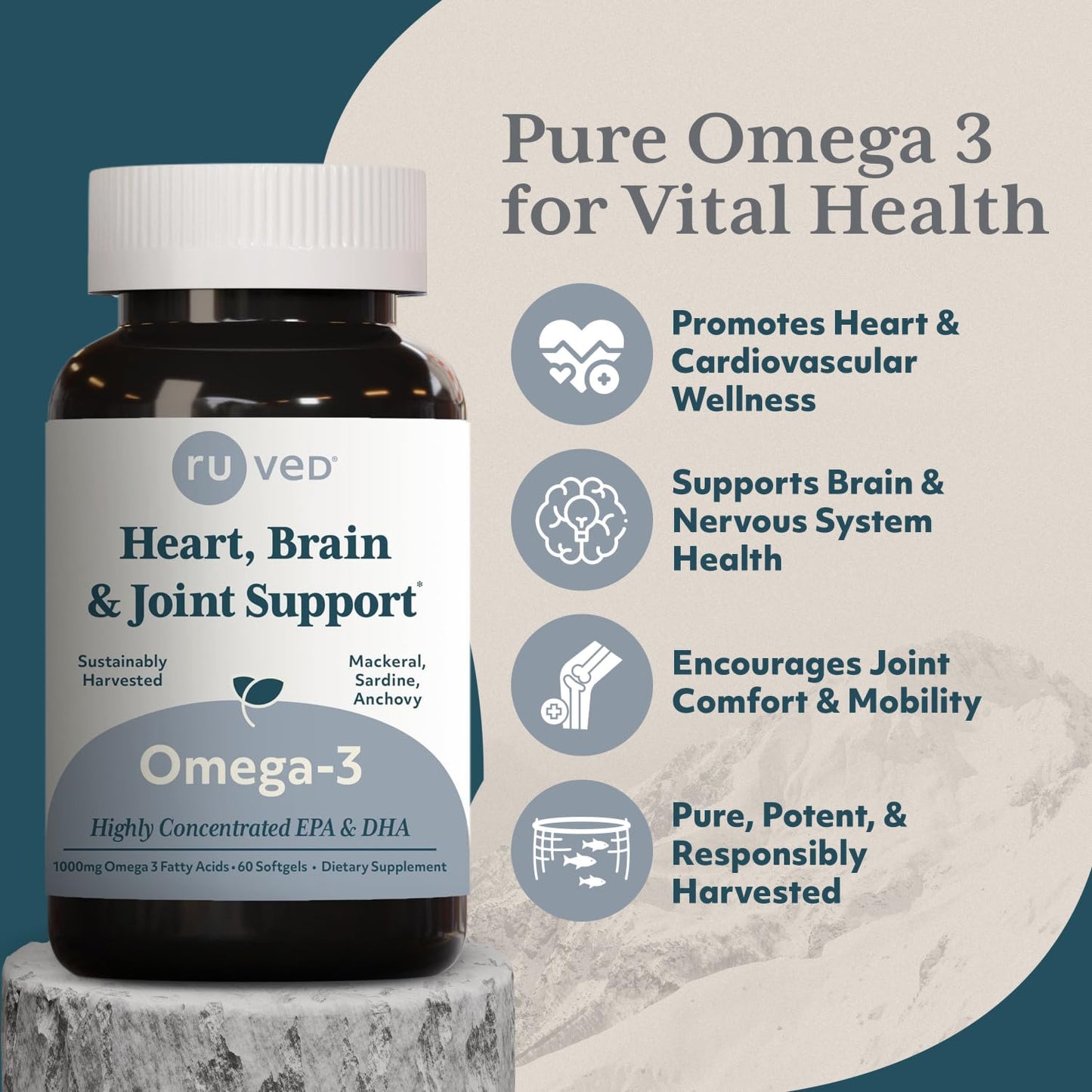 Ruved Omega-3 Fish Oil 1000mg | EPA & DHA | Heart, Brain & Joint Support | 60 Softgels