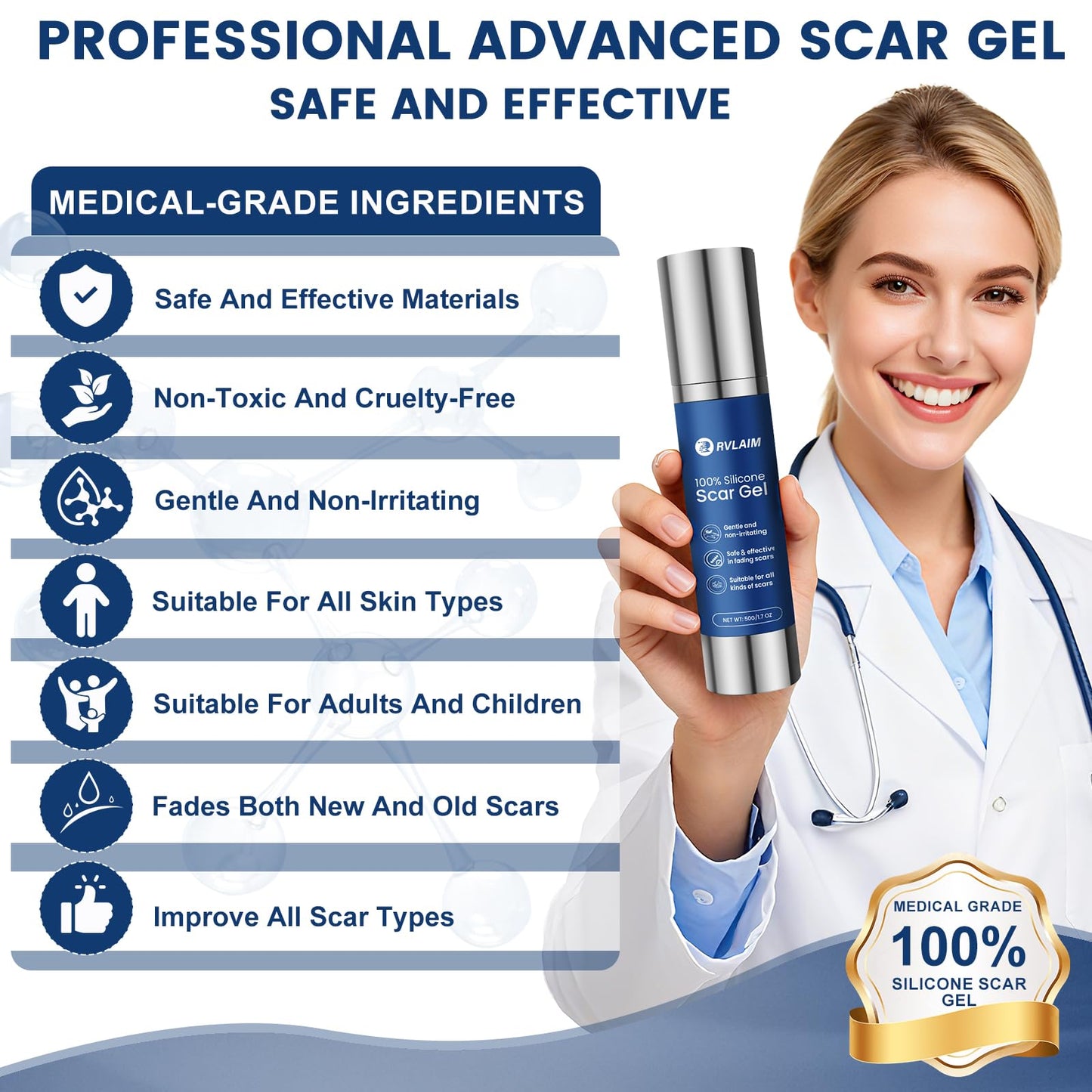 Rvlaim 100% Silicone Scar Gel | Advanced Scar Cream for Surgical, Burn, Acne Scars | 1.7 oz / 50 ml