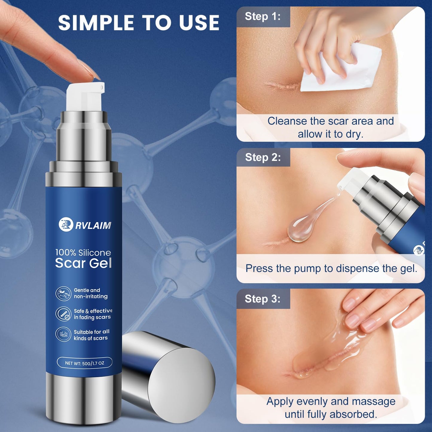 Rvlaim 100% Silicone Scar Gel | Advanced Scar Cream for Surgical, Burn, Acne Scars | 1.7 oz / 50 ml