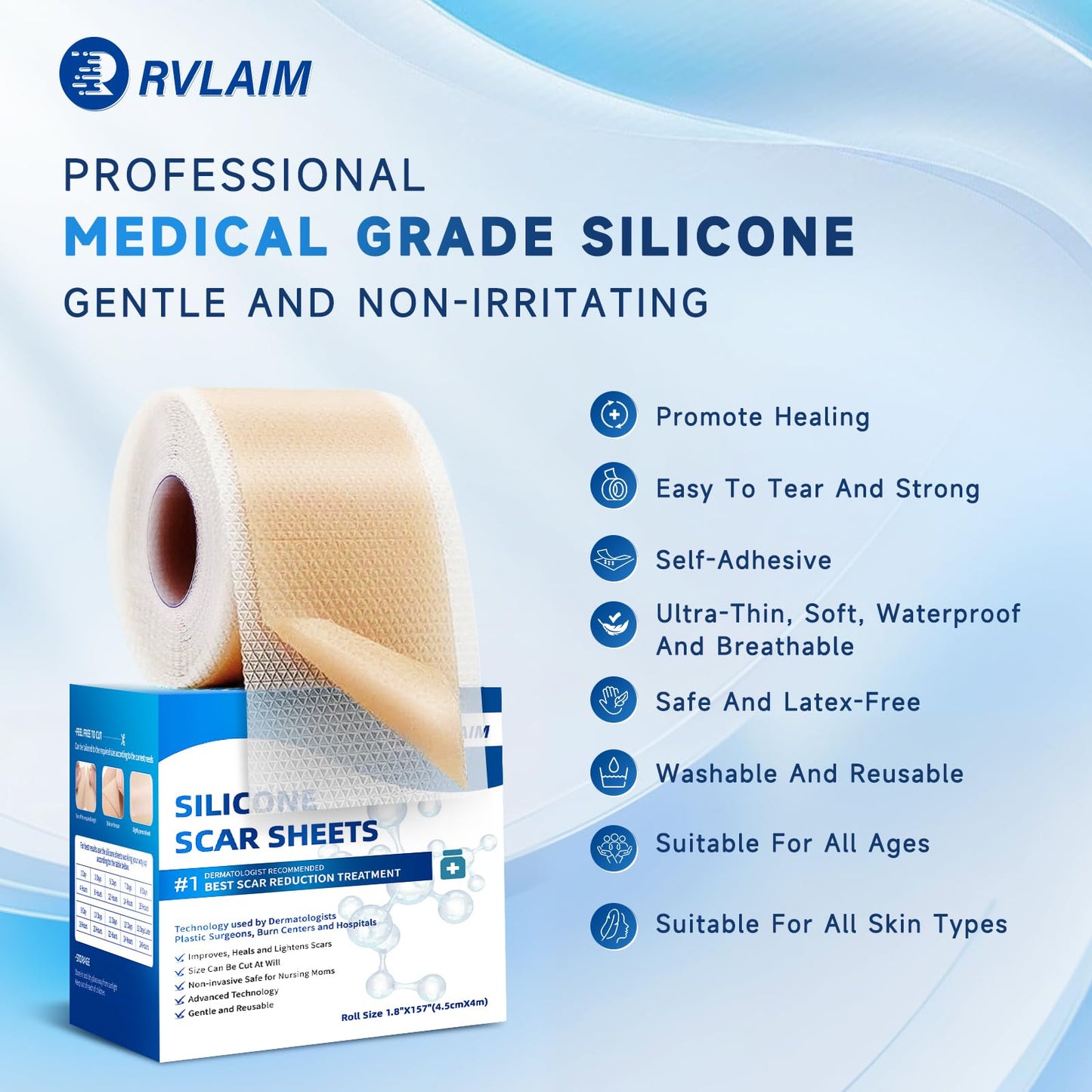 Rvlaim Silicone Scar Sheets – 1.8” x 157” Roll for Surgical Scars, Keloids, Stretch Marks