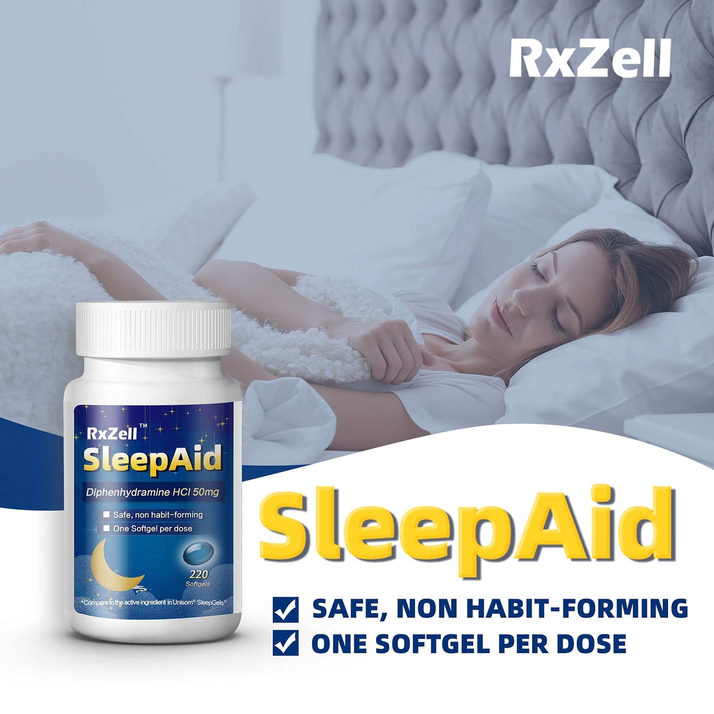 RXZELL Sleep Aid Diphenhydramine 50mg Softgels - 220 Count | Easy-to-Swallow, Non Habit-Forming