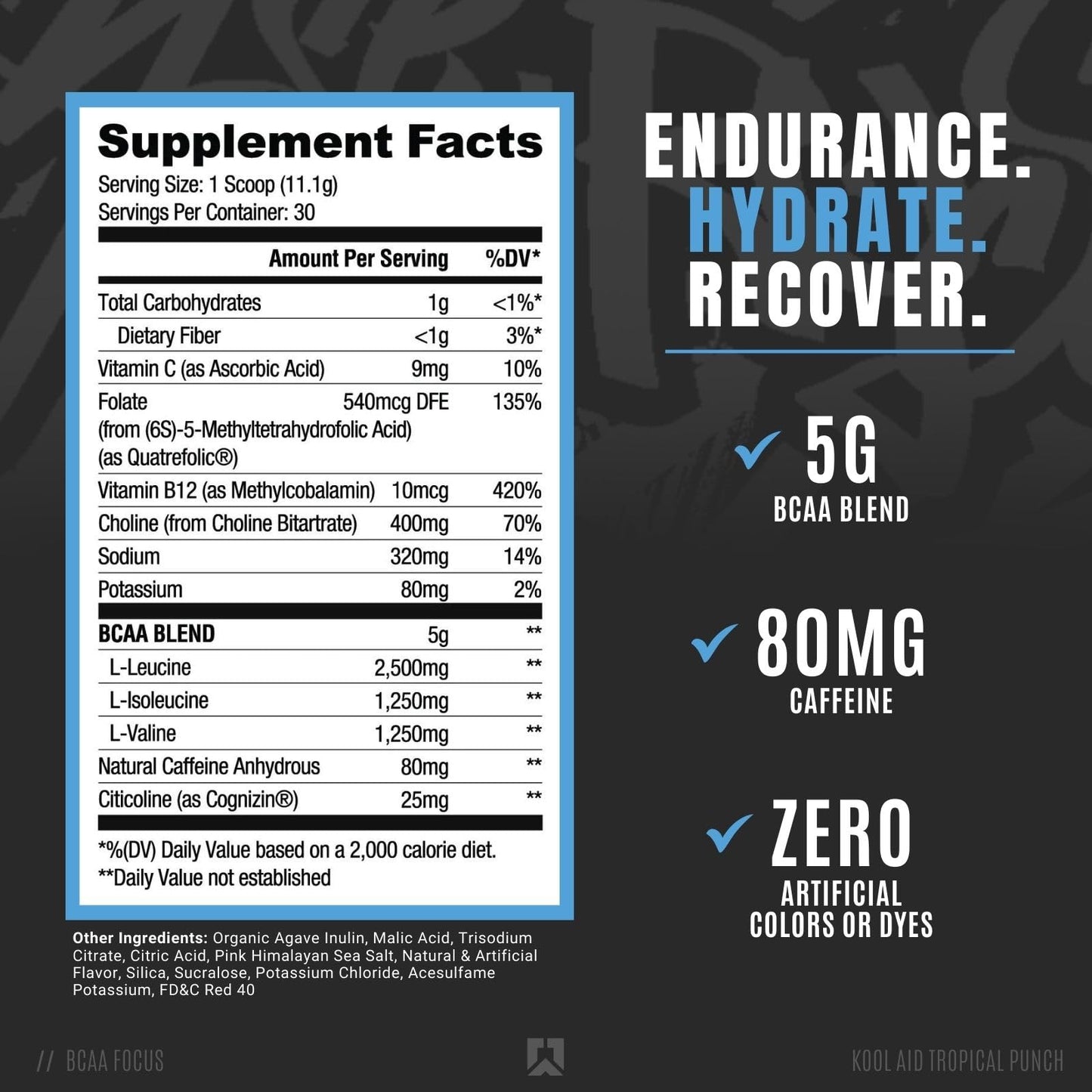 RYSE BCAA Focus Powder - Kool-Aid Tropical Punch (30 Servings) | Electrolytes, Caffeine & Cognizin