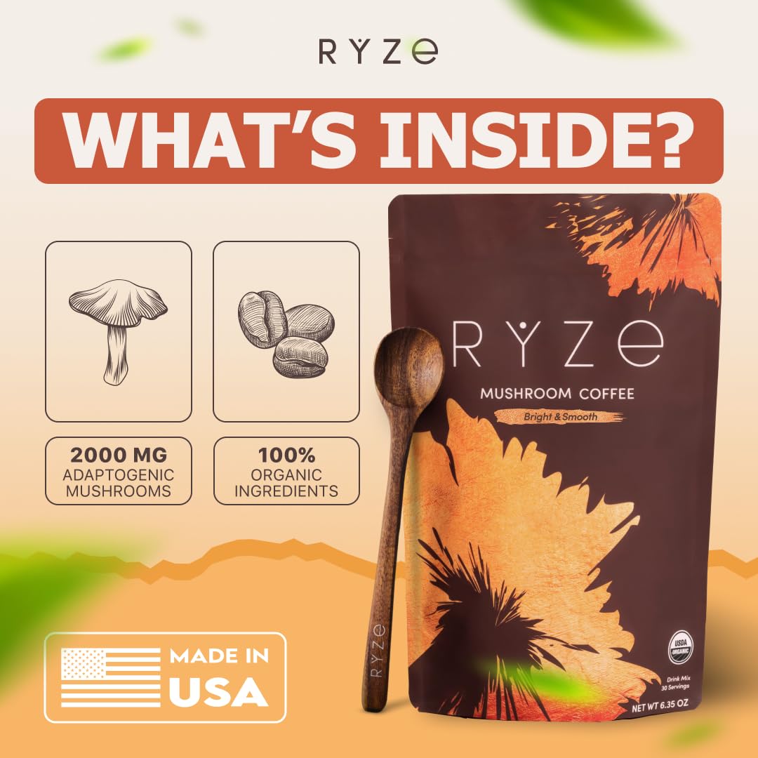 RYZE Mushroom Coffee Medium Roast – 6 Adaptogenic Mushrooms, USA-Grown Instant Coffee