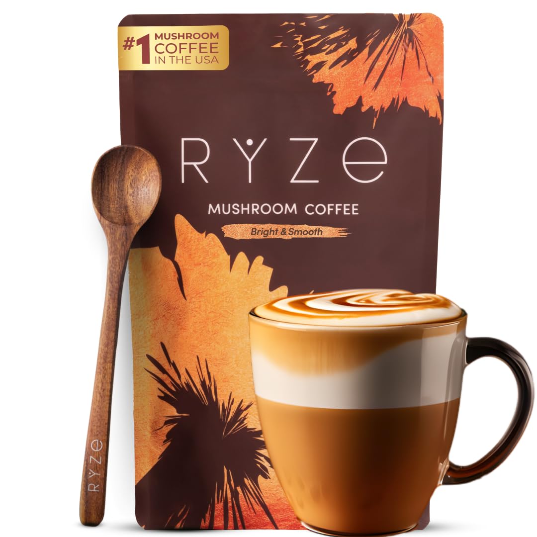 RYZE Mushroom Coffee Medium Roast – 6 Adaptogenic Mushrooms, USA-Grown Instant Coffee
