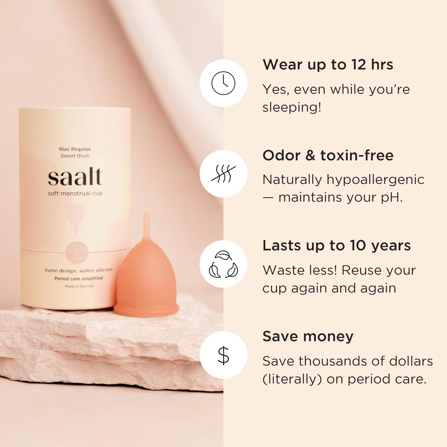 Saalt Soft Menstrual Cup – Reusable 12-Hour Leak-Free Protection | Desert Blush (Regular)