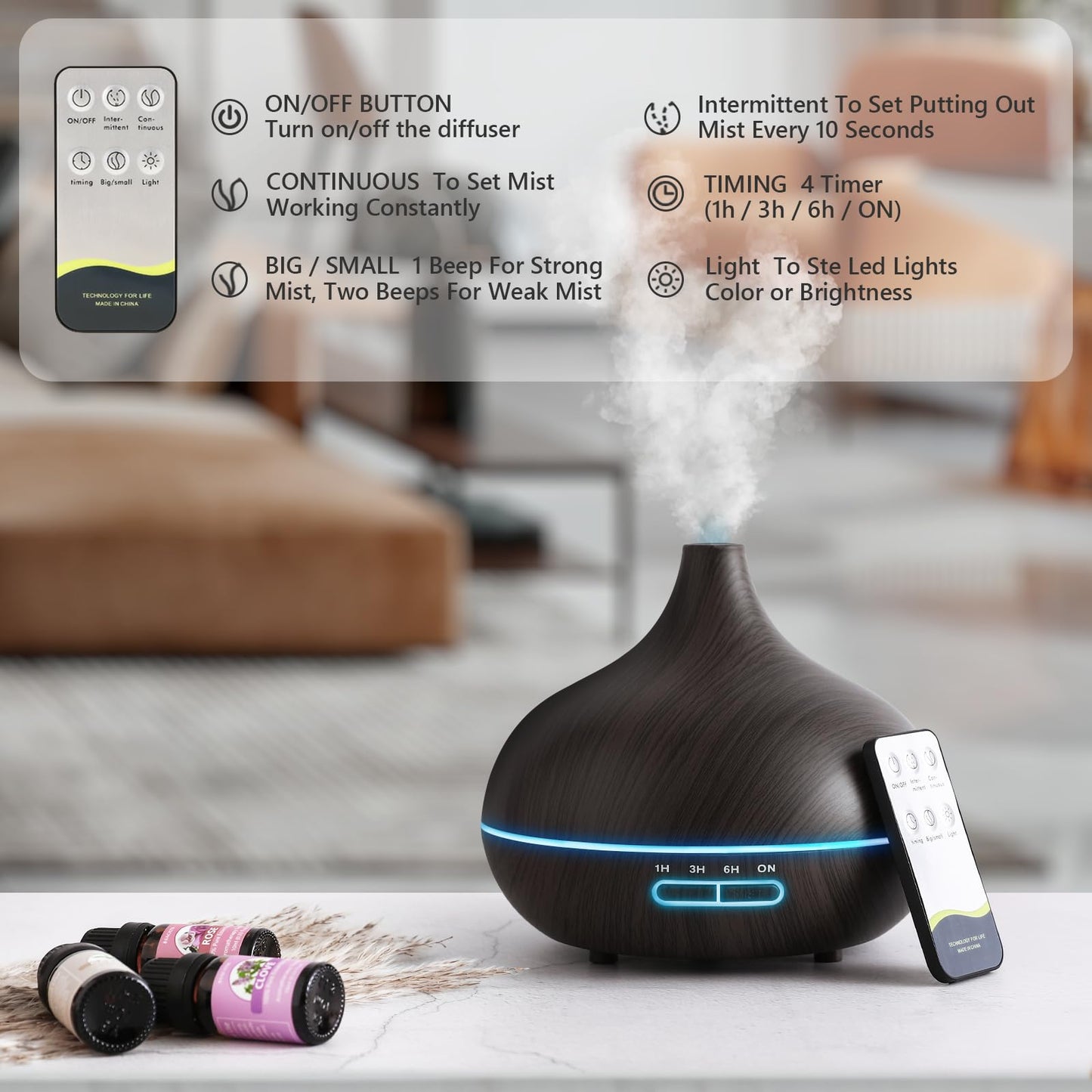 SACATR 550ml Oil Diffuser + 15 Essential Oils – Ultrasonic Diffuser with Remote