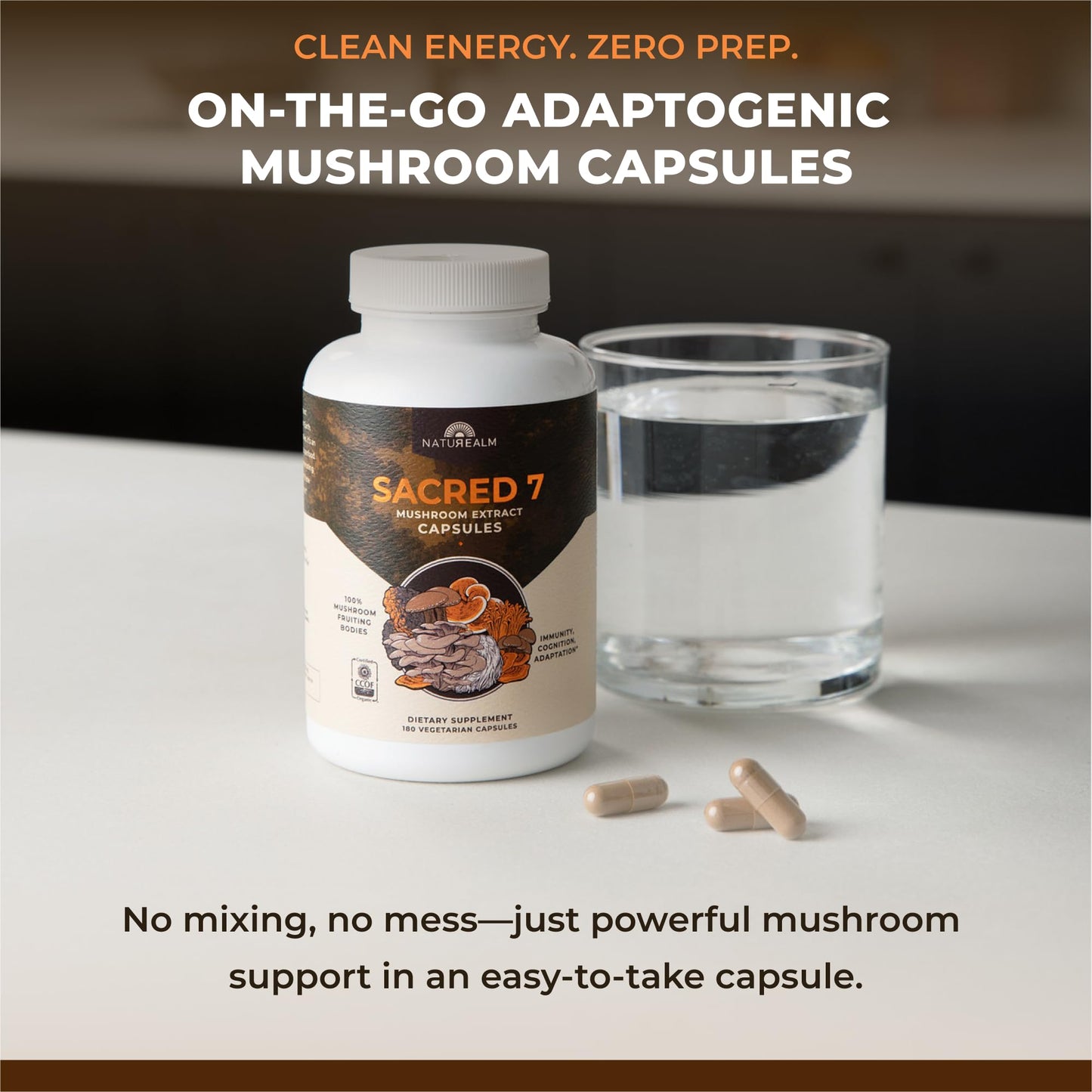 Naturealm Sacred 7 Organic Mushroom Extract Capsules – 90 Vegetarian Capsules – Immune Support & Focus