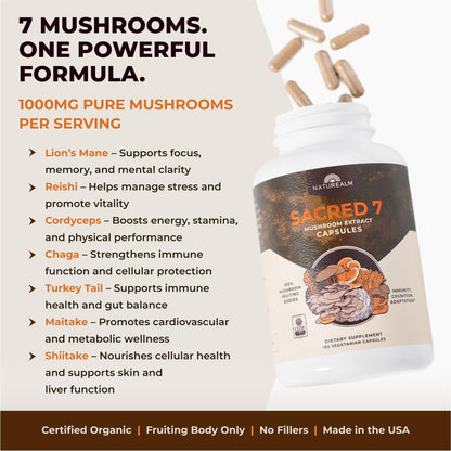 Naturealm Sacred 7 Organic Mushroom Extract Capsules – 90 Vegetarian Capsules – Immune Support & Focus