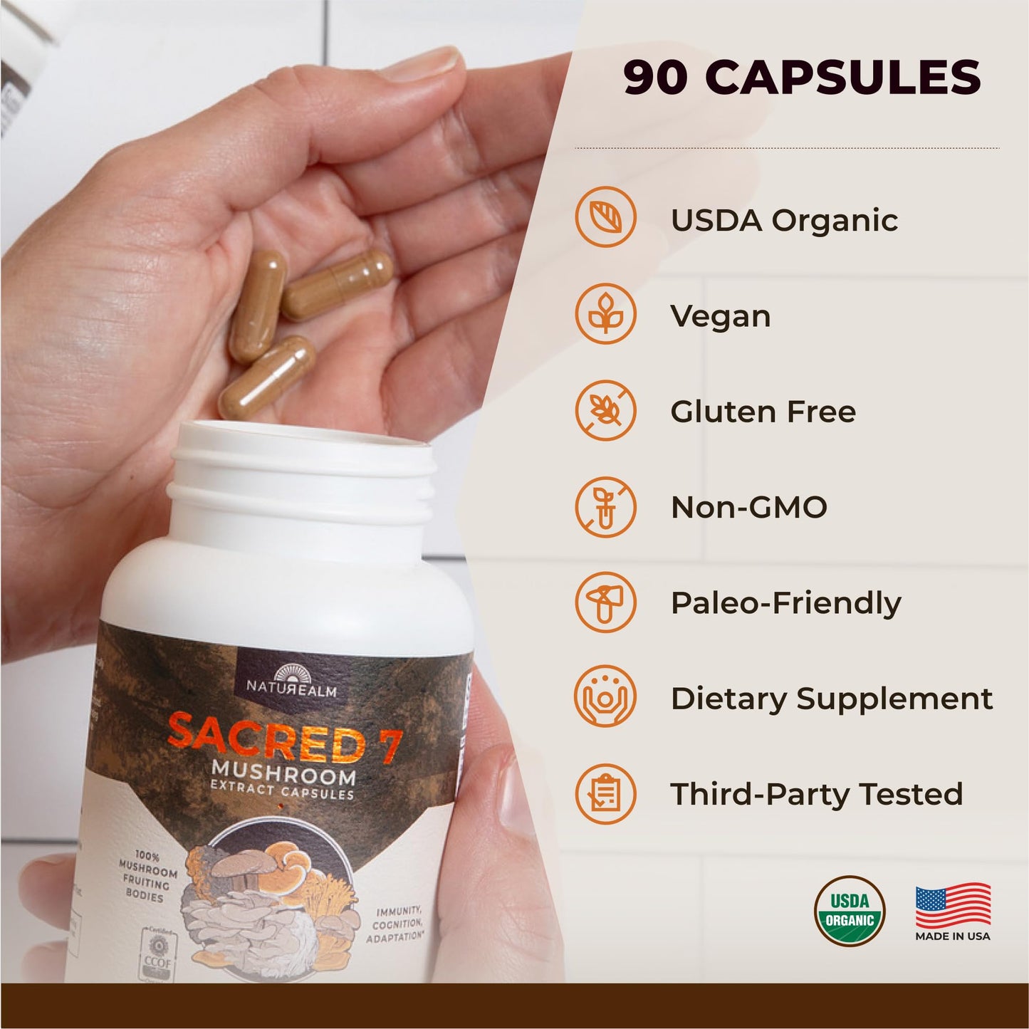 Naturealm Sacred 7 Organic Mushroom Extract Capsules – 90 Vegetarian Capsules – Immune Support & Focus