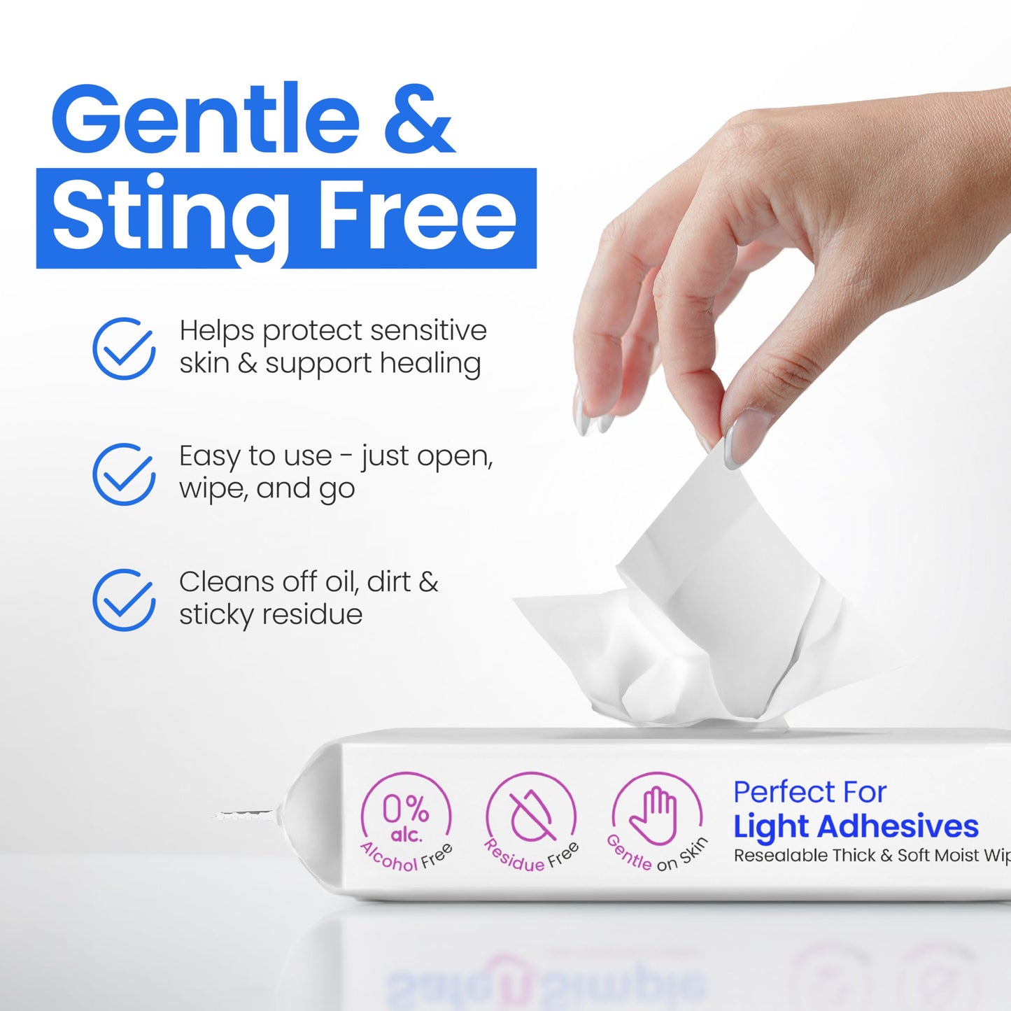 Safe n’ Simple Adhesive Remover Wipes – No Sting, Alcohol-Free, 50 Large 5x7
