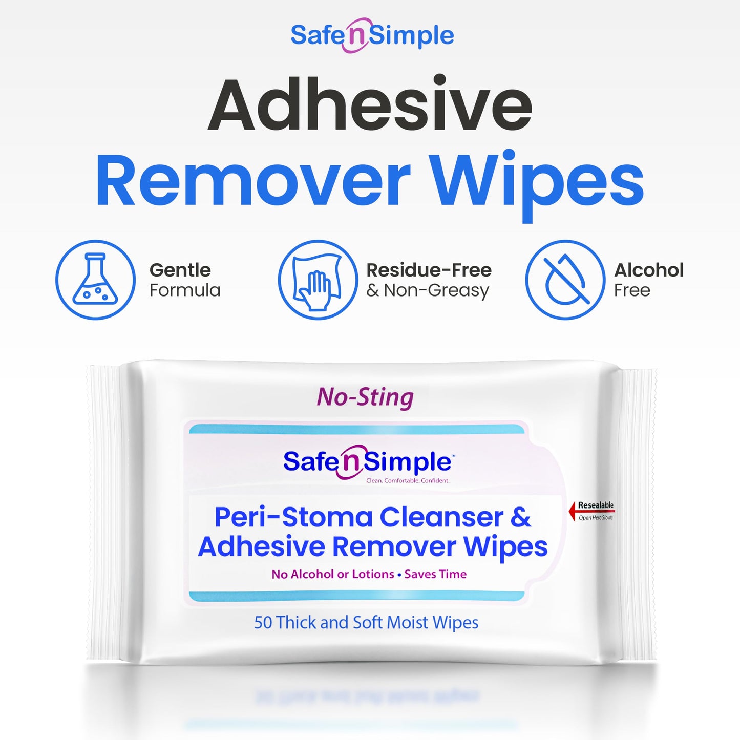 Safe n’ Simple Adhesive Remover Wipes – No Sting, Alcohol-Free, 50 Large 5x7