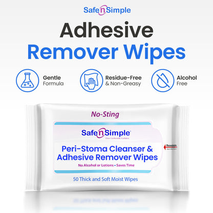 Safe n’ Simple Adhesive Remover Wipes – No Sting, Alcohol-Free, 50 Large 5x7
