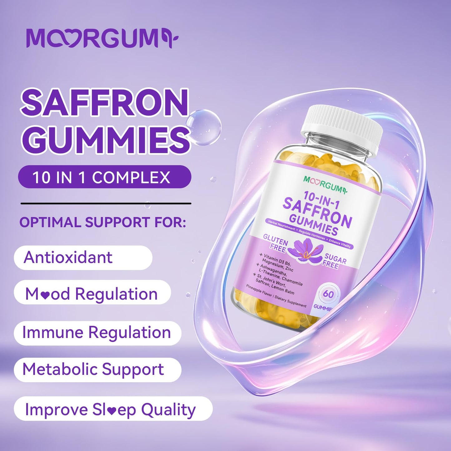 Saffron Gummies for Adults – 10-in-1 Cortisol Support with Saffron 88.5mg, Vitamin D3, B6, Magnesium, Zinc | 120 Count