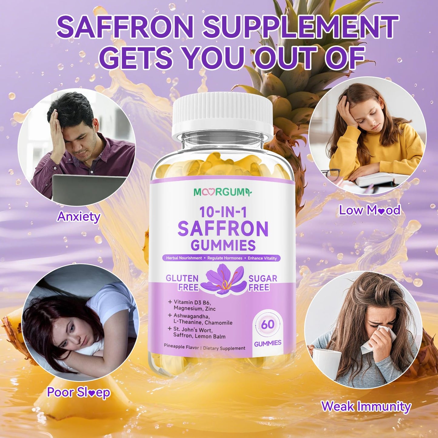 Saffron Gummies for Adults – 10-in-1 Cortisol Support with Saffron 88.5mg, Vitamin D3, B6, Magnesium, Zinc | 120 Count