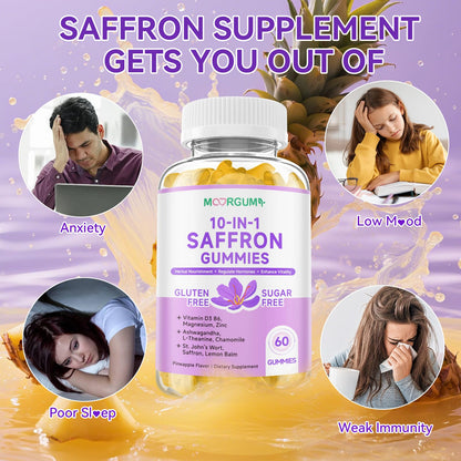 Saffron Gummies for Adults – 10-in-1 Cortisol Support with Saffron 88.5mg, Vitamin D3, B6, Magnesium, Zinc | 120 Count