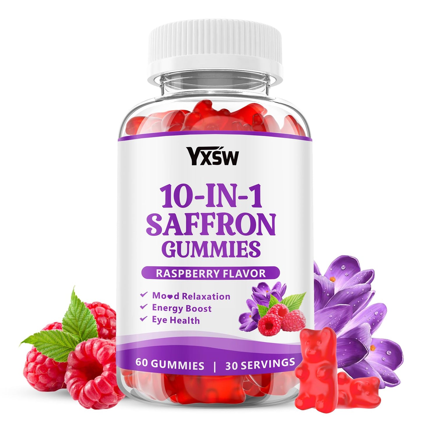 Saffron Gummies 60 Count – Raspberry Flavor, 10-in-1 Focus, Mood & Sleep Support
