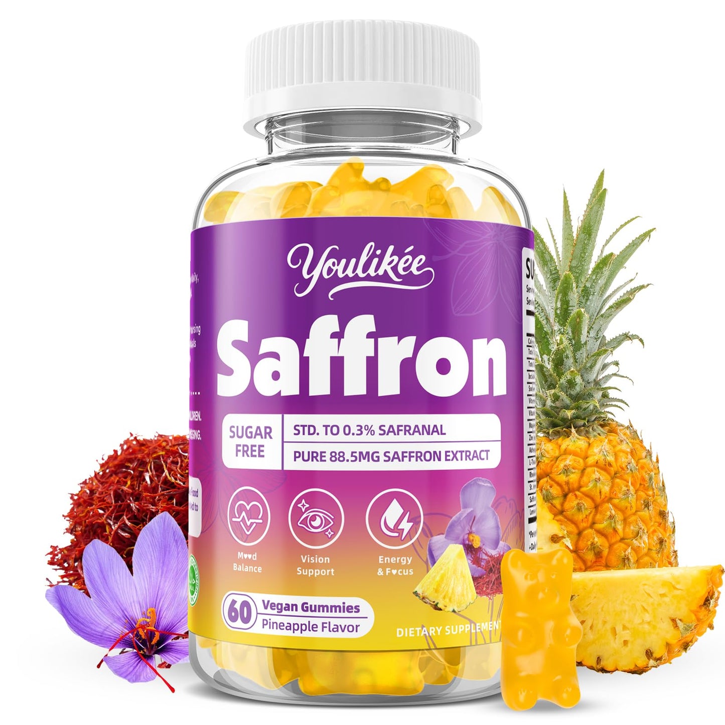 Saffron Gummies 88.5mg – Pineapple 60 Count | Magnesium, Rhodiola, Ashwagandha