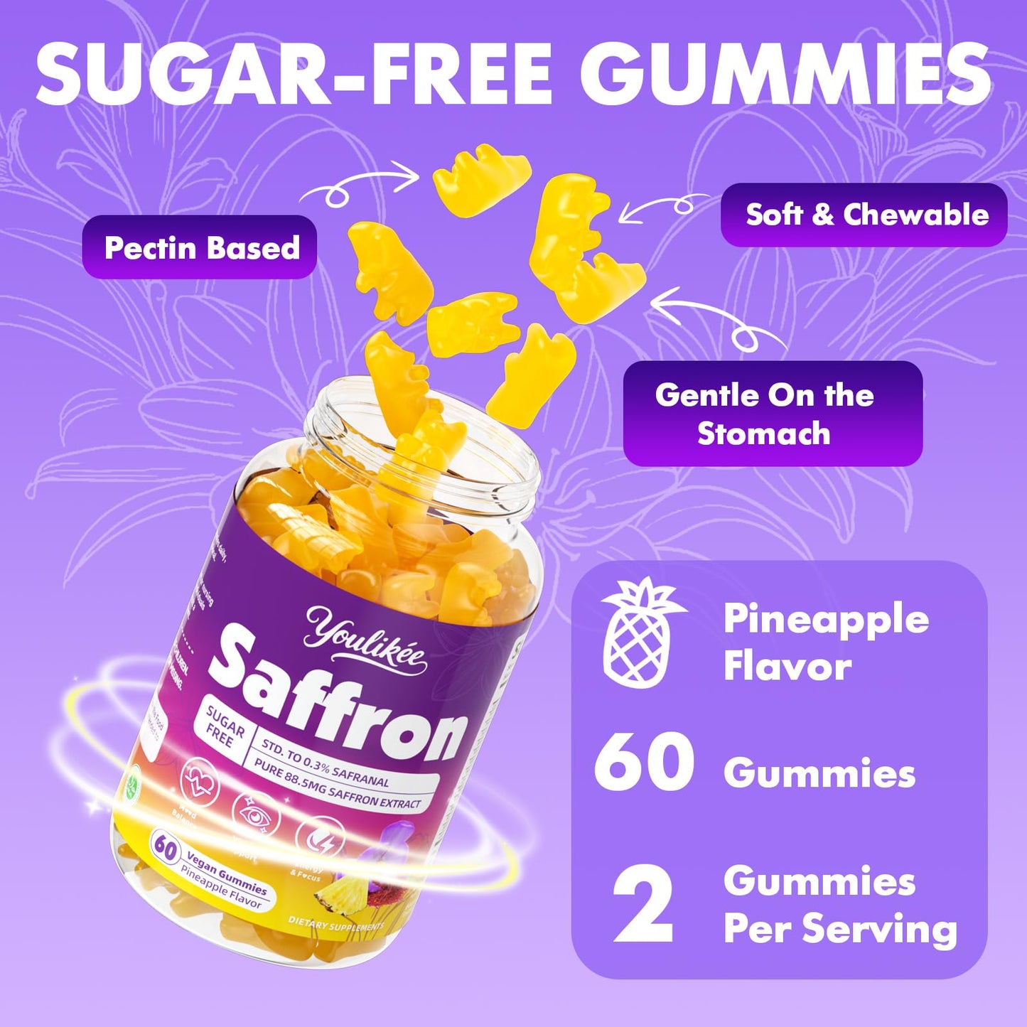 Saffron Gummies 88.5mg – Pineapple 60 Count | Magnesium, Rhodiola, Ashwagandha