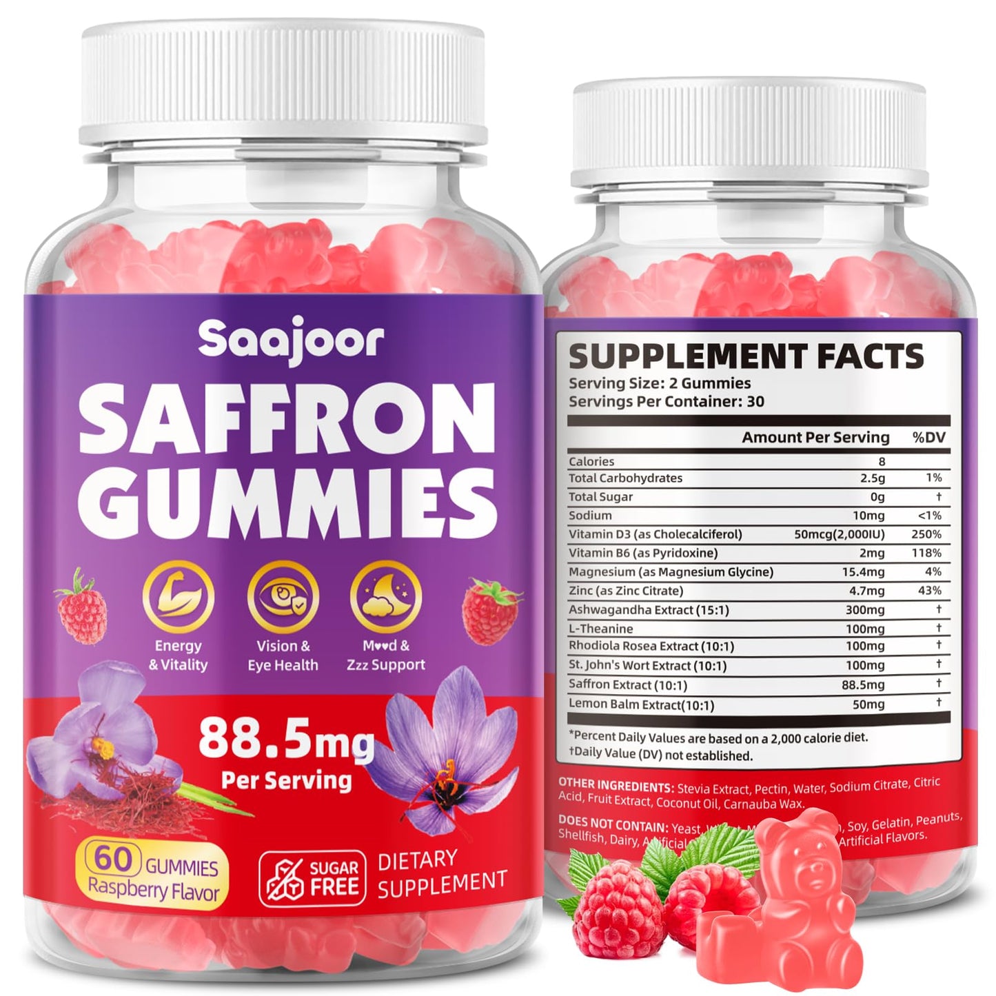 Saffron Gummies for Adult Kids - 88.5mg Saffron, Mood & Focus, Vegan Raspberry 60 Gummies