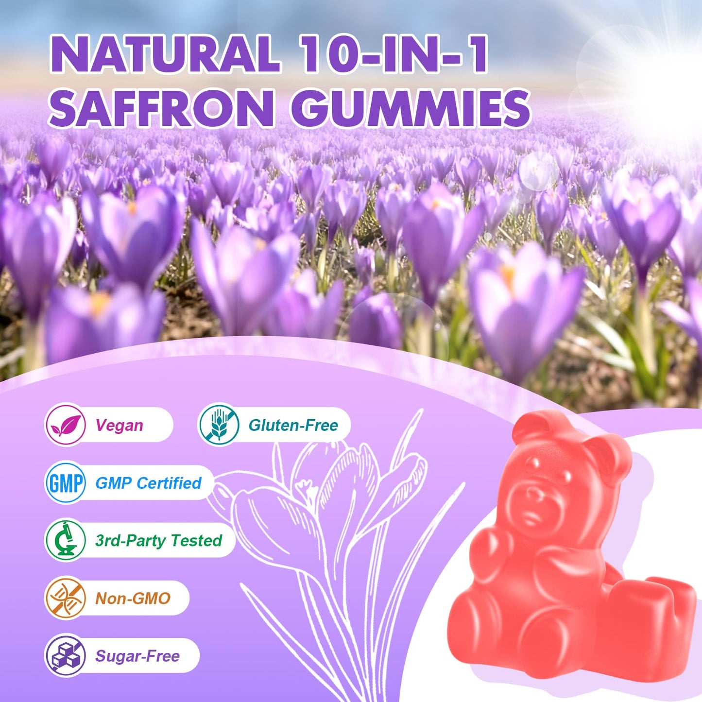 Vegan Saffron Gummies for Mood & Focus – Raspberry, 120 Gummies