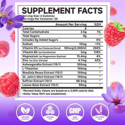 Saffron Gummies 60 Count - 10-in-1 Formula with Magnesium, L-Theanine, Rhodiola (Sugar-Free Raspberry)