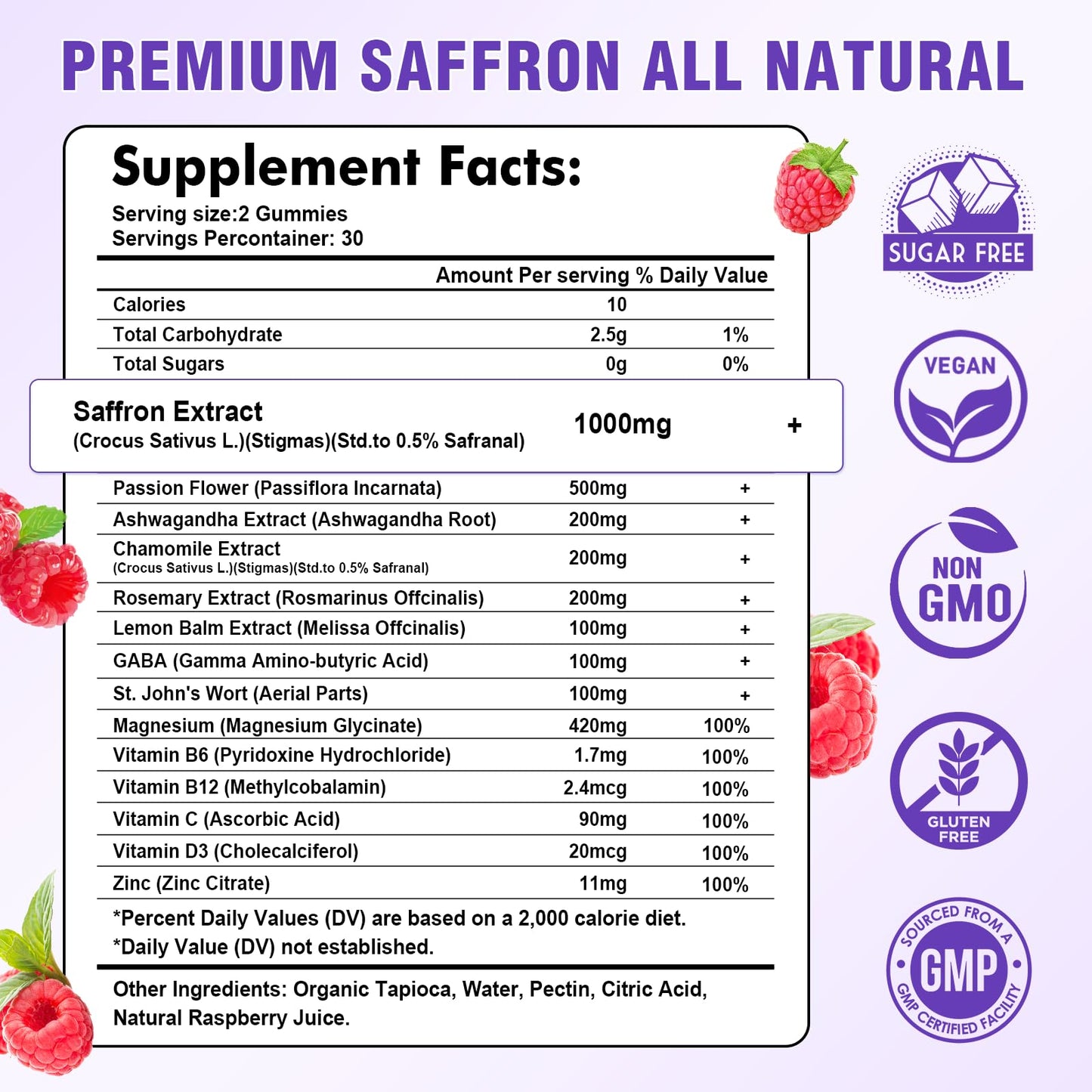 Saffron Gummies Sugar Free Mood Support – Raspberry Flavor (60 Count)