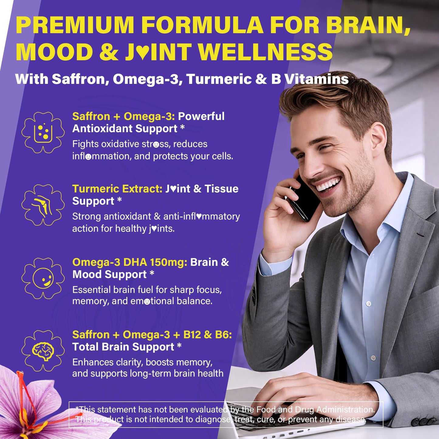 Saffron Supplements - 100mg Liposomal High Absorption | 100% Pure Saffron Extract + Magnesium Glycinate, Omega-3, Turmeric, Ashwagandha, B6, B12, D3 - 60 Softgels