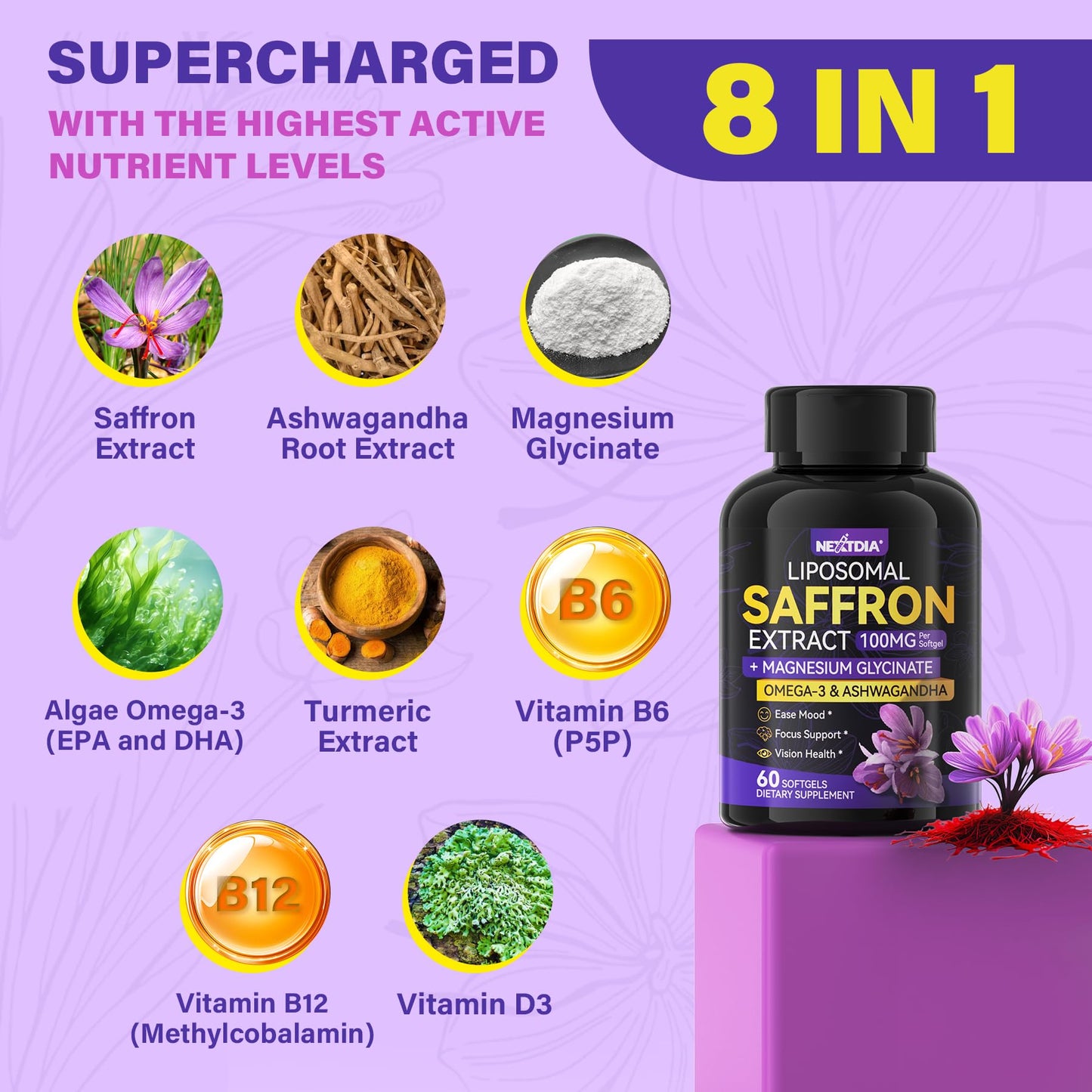 Saffron Supplements - 100mg Liposomal High Absorption | 100% Pure Saffron Extract + Magnesium Glycinate, Omega-3, Turmeric, Ashwagandha, B6, B12, D3 - 60 Softgels