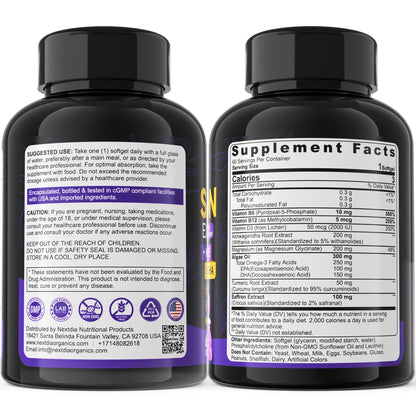 Saffron Supplements - 100mg Liposomal High Absorption | 100% Pure Saffron Extract + Magnesium Glycinate, Omega-3, Turmeric, Ashwagandha, B6, B12, D3 - 60 Softgels