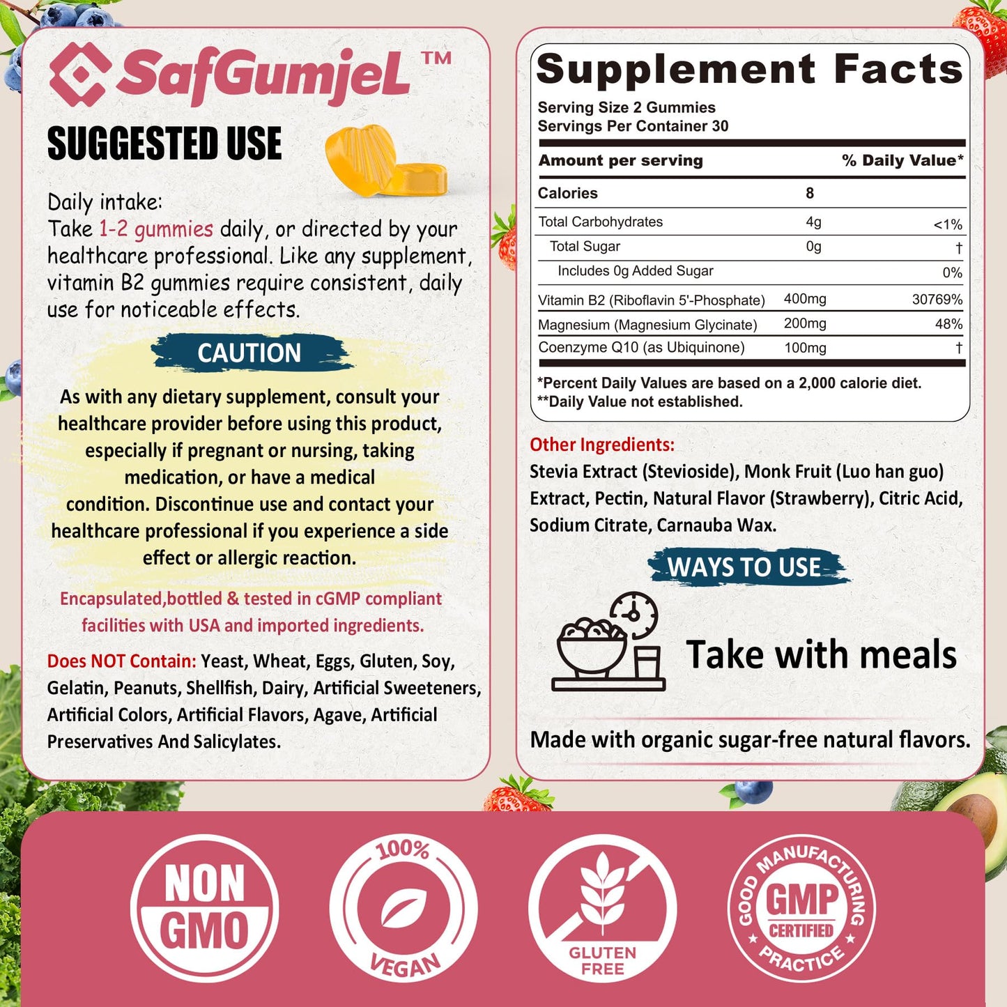 Safgumjel Vitamin B2 Gummies – Riboflavin 400mg for Adults & Kids with Magnesium & CoQ10 for Energy & Migraine Relief | Sugar Free, Vegan, Non-GMO | 120 Count