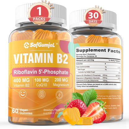 Safgumjel Vitamin B2 Gummies – Riboflavin 400mg + Magnesium & CoQ10 | Sugar Free, Vegan, Strawberry, 60 Count