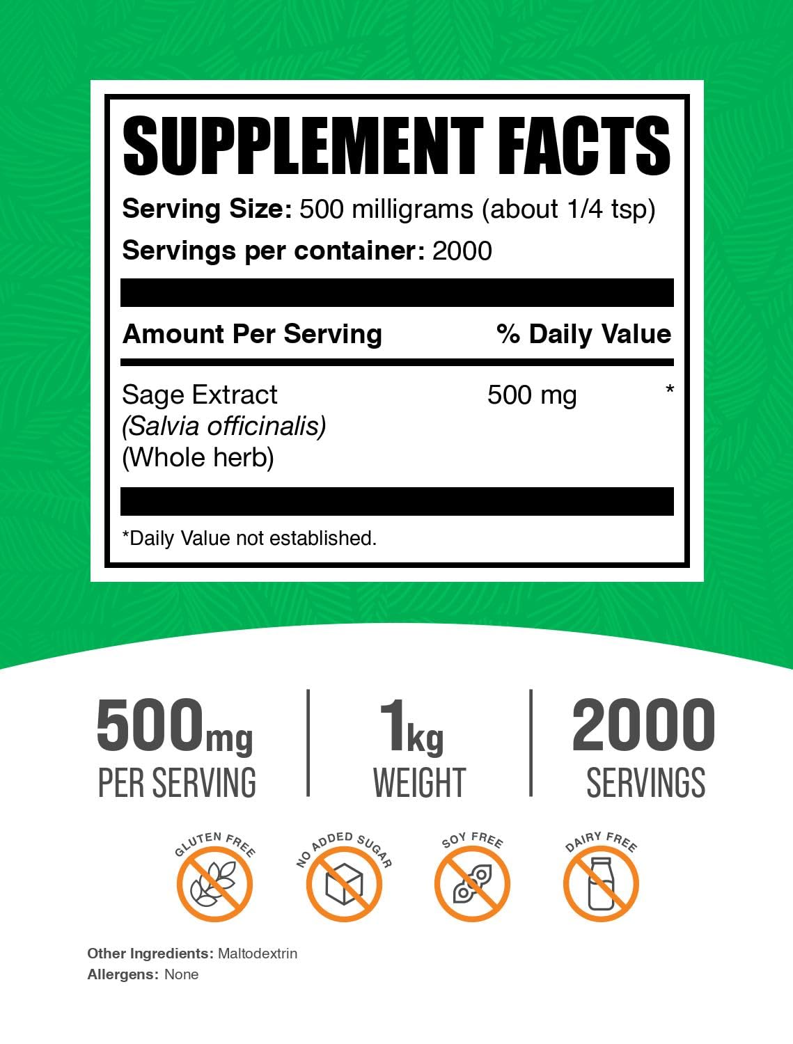 BulkSupplements Sage Extract Powder - 1kg, 500mg/Serving, Gluten Free Herbal Supplement