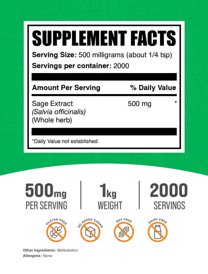 BulkSupplements Sage Extract Powder - 1kg, 500mg/Serving, Gluten Free Herbal Supplement