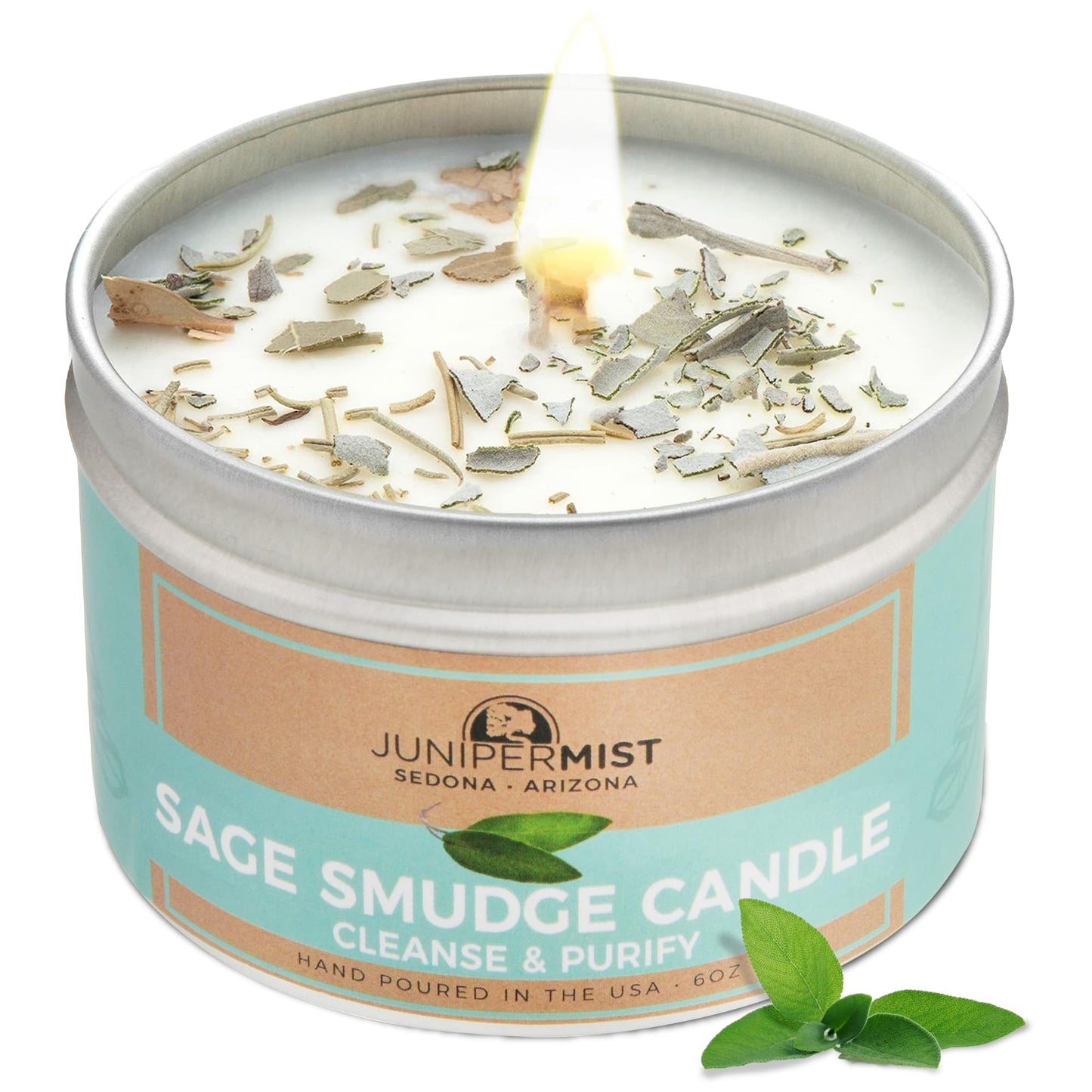Sage Smudge Candle with White Sage Leaf (6oz) – Manifest & Cleanse | Soy Wax – USA Made
