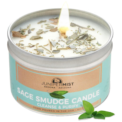 Sage Smudge Candle with White Sage Leaf (6oz) – Manifest & Cleanse | Soy Wax – USA Made